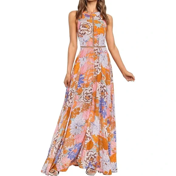 Zesica | Dresses | Summer Halter Neck Floral Print Backless Split Beach  Party Maxi Dresstangerine | Poshmark